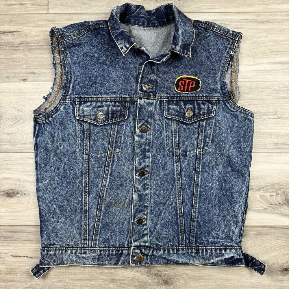 Vintage 80s Roots Denim‎ Cutoff Vest STP Racing Patch Fits Men's Medium Biker